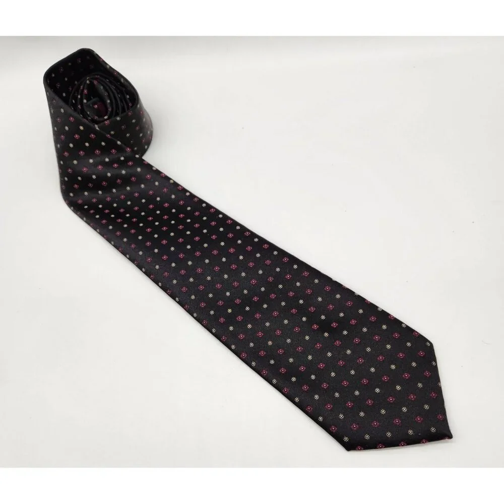 Vintage Men's Beekman Place Tie Necktie Black w/ Pink Yellow Polka Dot Polyester